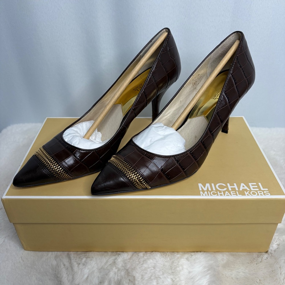 Michael Kors Haya Pump Dark Brown Croc Embossed Leather Zipper Trim Heels 8.5M